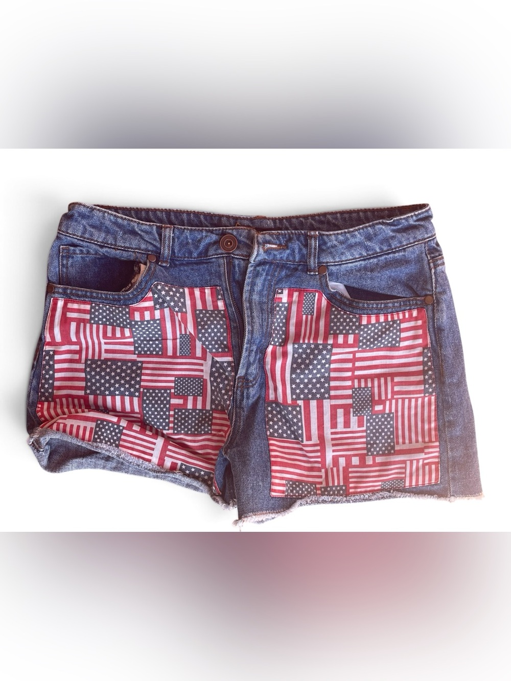 Forever 21 Denim Jean Shorts with American Flag Patch Pockets - Blue, Red, White